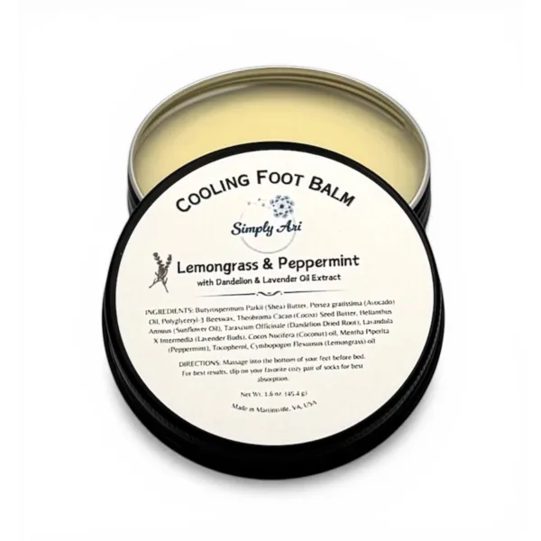 Open black tin of Simply Ari Cooling Foot Balm in Lemongrass and Peppermint, with shea butter and dandelion oil