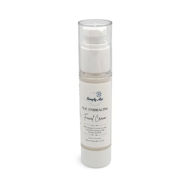 Simply Ari Age Embracing Facial Cream in a white airless pump bottle, angled view