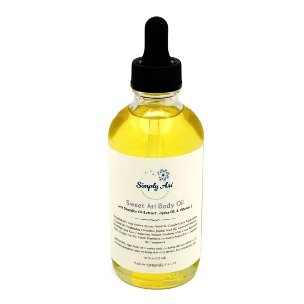 Simply Ari Sweet Ari Body Oil in a clear glass dropper bottle with pale yellow oil