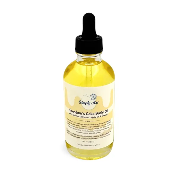Glass dropper bottle of Simply Ari Grandma's Cake Body Oil with golden oil, jojoba and vitamin E