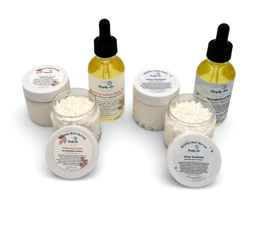 Simply Ari Embracing Autumn and Winter Wonderland seasonal sets with body oil, butter, and sugar scrub
