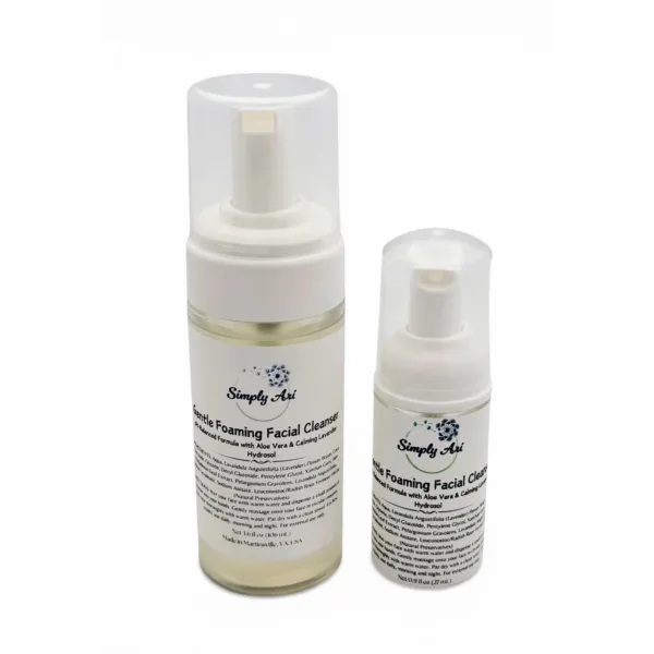 Simply Ari Gentle Foaming Facial Cleanser in full-size and travel-size pump bottles