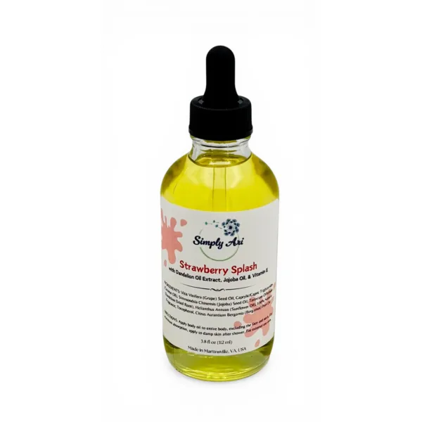 Simply Ari Strawberry Splash Body Oil in a clear glass dropper bottle with yellow oil