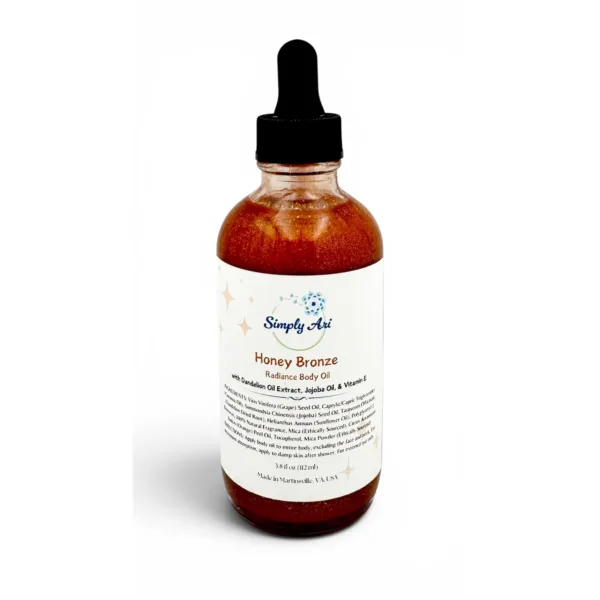 Simply Ari Honey Bronze Radiance Body Oil in glass dropper bottle with bronze shimmer
